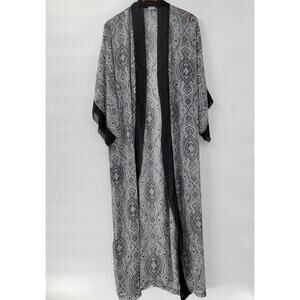 Vintage Cacique Lingerie Kimono Robe @L/XL Womens Gray Black Sheer Paisley Long